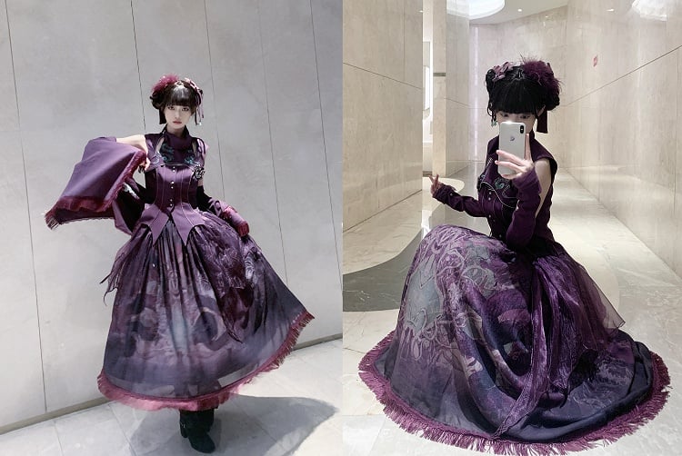 不規則な刺繍オーバーレイ付きパープルスネークプリントロリータスカート