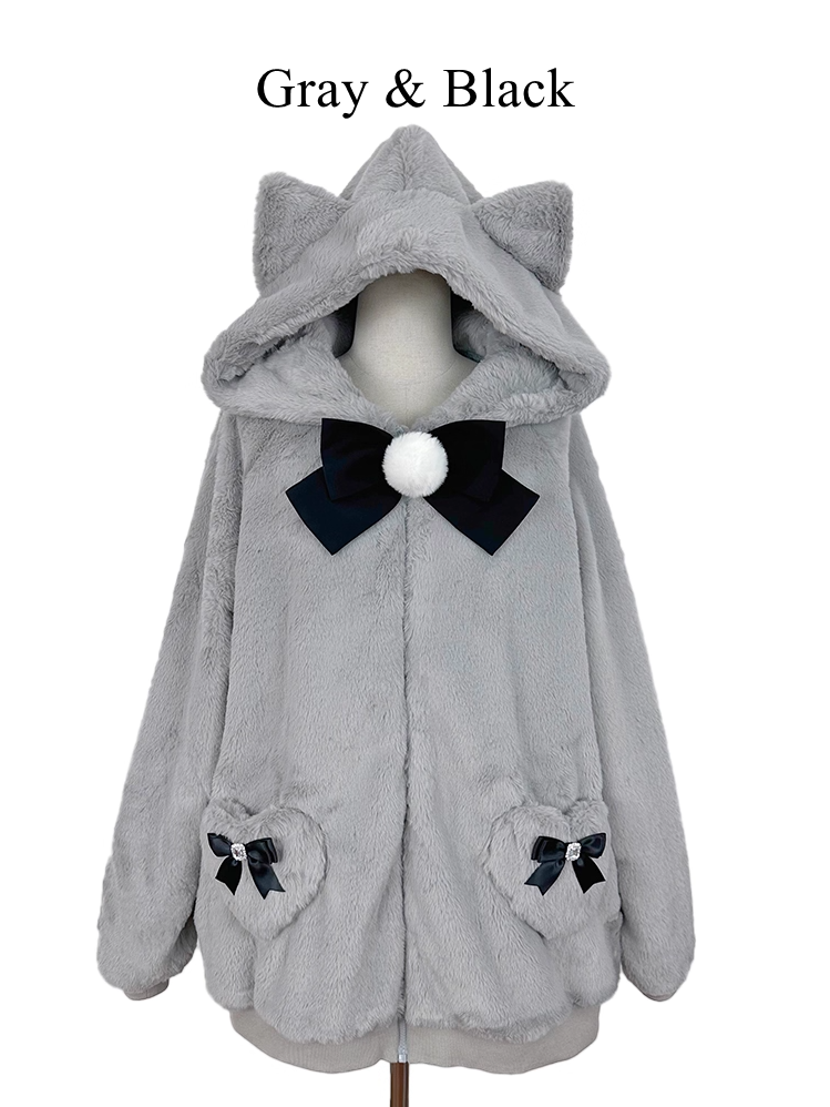 12 Kitty-Ear Jacket Bows Detachable Hooded with Pompom Jirai Available Colors Plush Kei