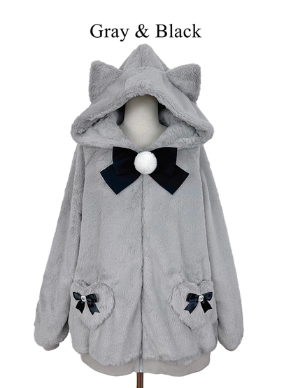 12 Kitty-Ear Jacket Bows Detachable Hooded with Pompom Jirai Available Colors Plush Kei