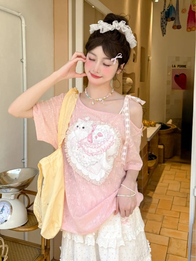 Sweet Cat Applique T-Shirt Pink Asymmetrical Neckline