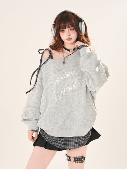 Self-tie Asymmetrical Neckline Plaid Hem Sweatshirt Black/Gray Shoulder Strap