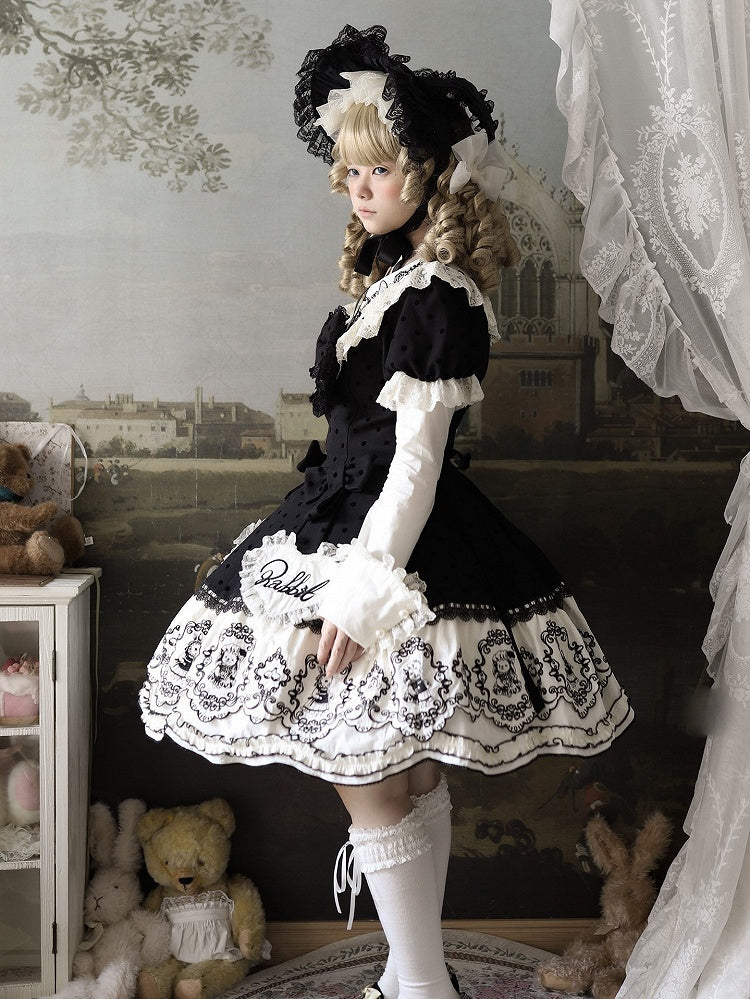 Rabbit Detachable Sleeves Pattern Dot Sweet + Black Polka with Dress Bonnet Sweetheart Set Appliques Lolita