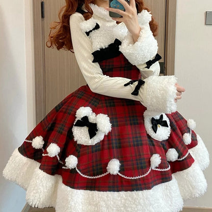 Rotes Karomuster, Winterhasen-Thema, Weihnachts-Lolita-Kleid, Plüsch-Ausschnitt und Saum