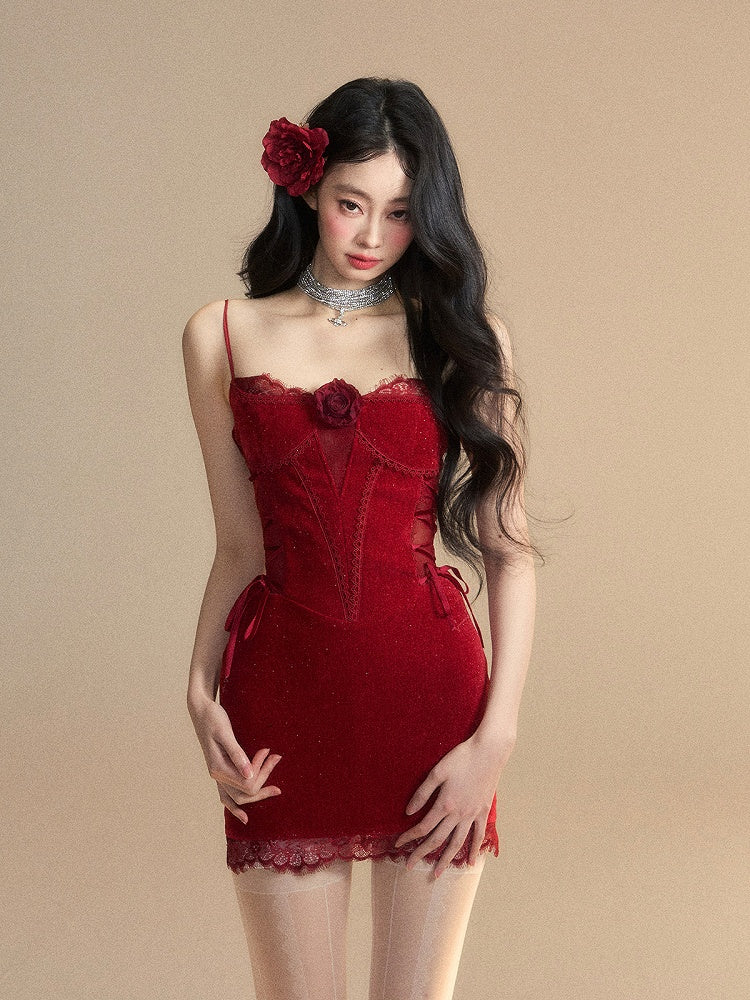 Waist Black/Red Slip Lace-up Lace Detail Rosette Patches Dress Accent Bodycon