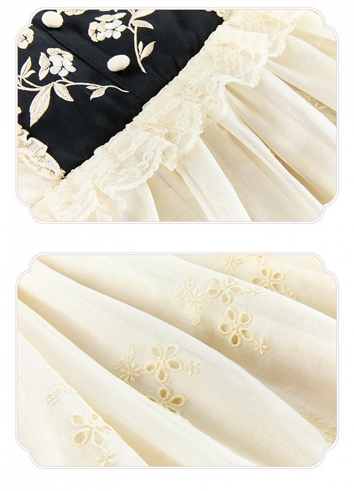 und Ausschnitt Beige Lange Ärmel Manschetten Lolita Floral Plüsch Kleid Mieder Stickerei