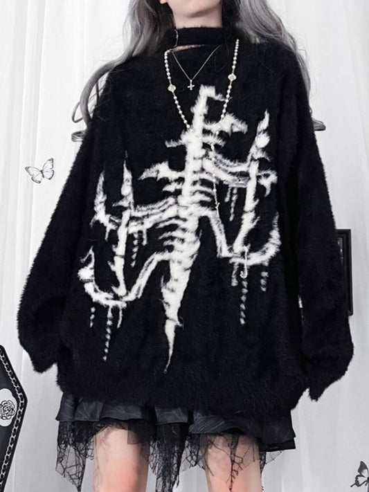 Subculture Black Print with Faux Fur Sweater One-Shoulder