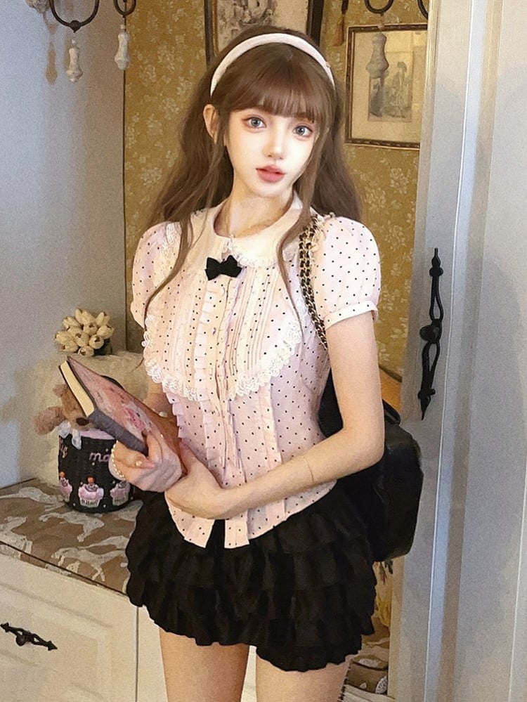 Polka Dot Accents Blouse With Dollcore Pink Cotton Black