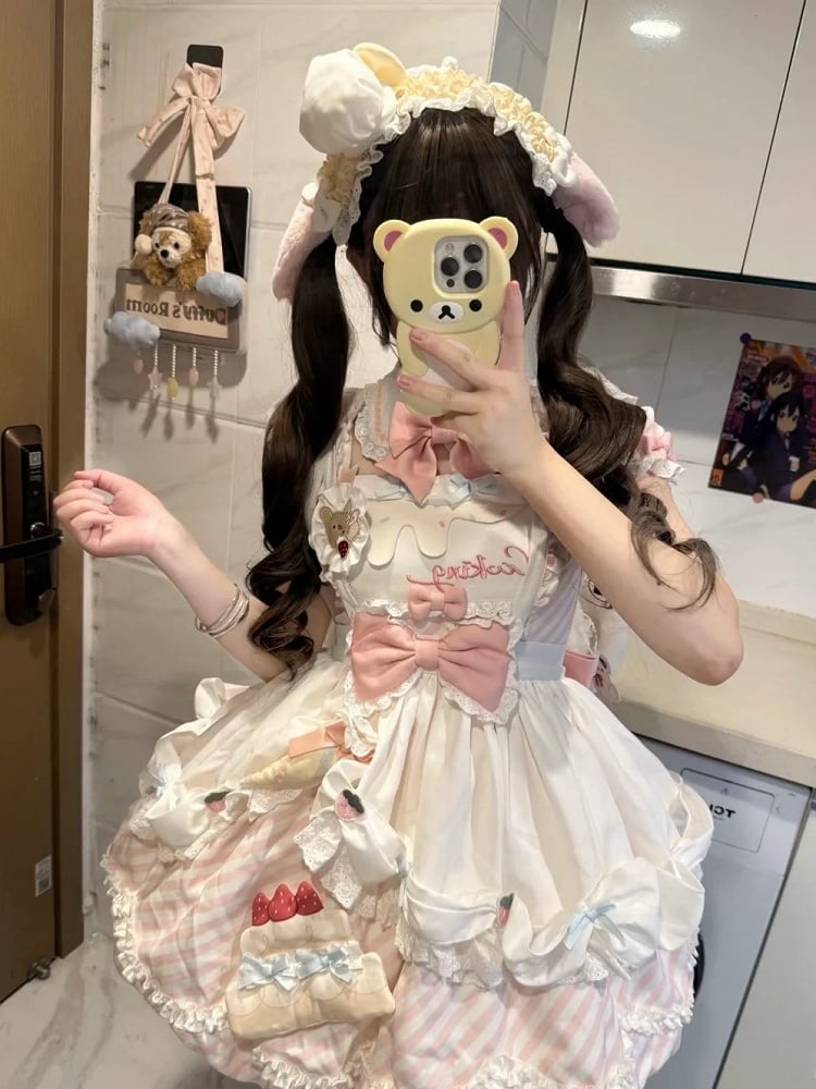 Beige Hairband Apron Full OP Sleeves Pink Skirt with Stripe Cake Dress Decor Adorable Bubble Brooch Bow Puppy + Lolita Set Train Detachable