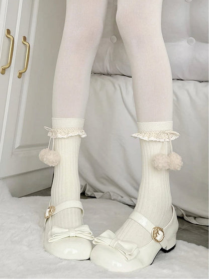 Socks Sweet White Cuff with Lace Creamy Style) Ties (Elegant Ribbed Pom-Pom