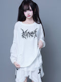 Long-Sleeve Printed Design T-Shirt Jirai Paneled White Kei