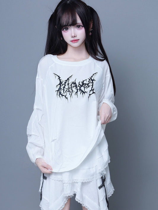 Long-Sleeve Printed Design T-Shirt Jirai Paneled White Kei