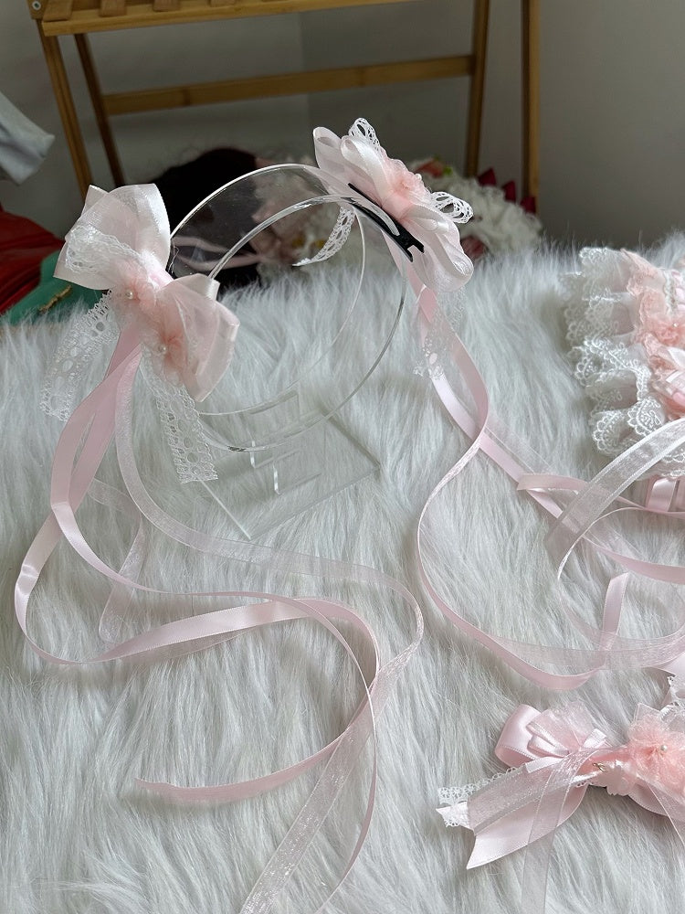 Lolita Bow Blossom Long Cherry Ribbon Hairclip Pink Decorations