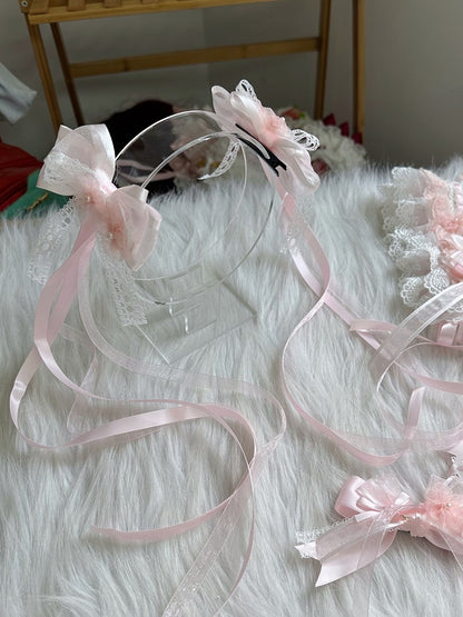 Lolita Bow Blossom Long Cherry Ribbon Hairclip Pink Decorations