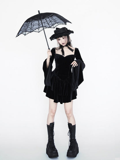 ゴシックブラックベルベットベルスリーブティアードスカート魔女ドレス