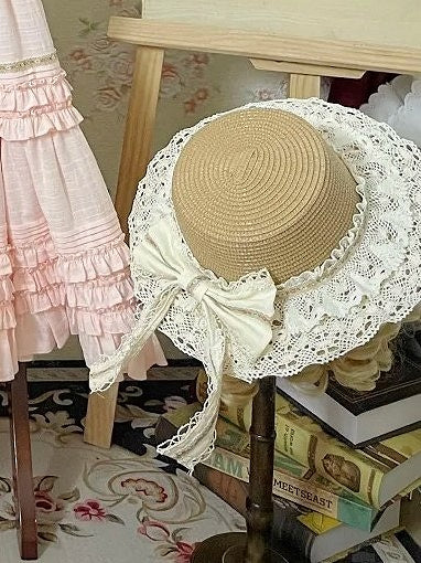 Straw Hat Wide-Brimmed Beige/Brown Lace Lolita Trim with