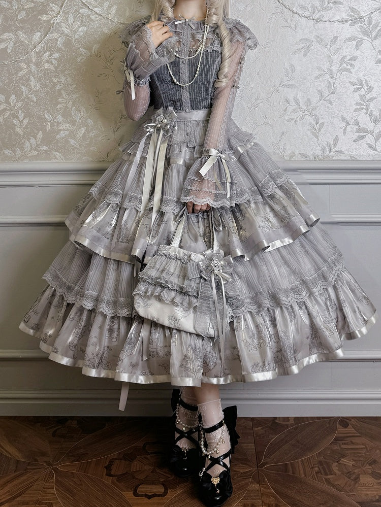 Blouse Silver Semi-sheer Sleeves Long Bowknots Gray