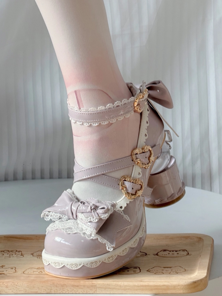Bow Ball Mary Transparent with Platform Purple Shoes PU Heels Jane Sweet Decoration