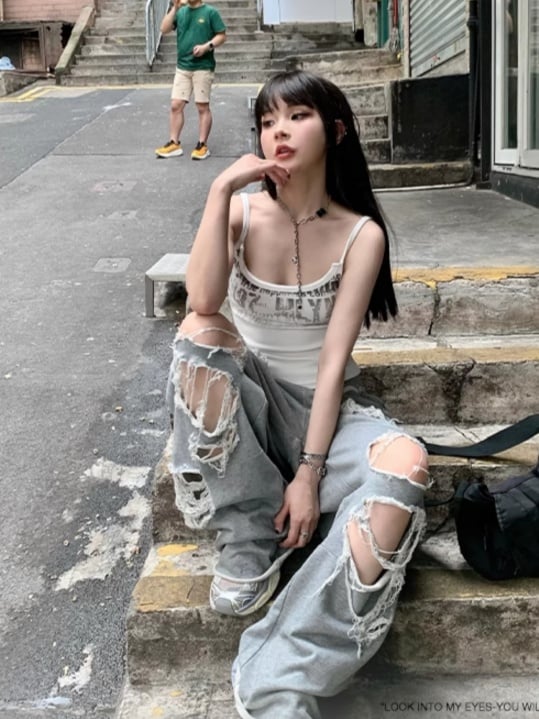 Top/Grau Elastische Taille Distressed Löcher Casual Hosen Cami Weiß Glamouröse Grafik