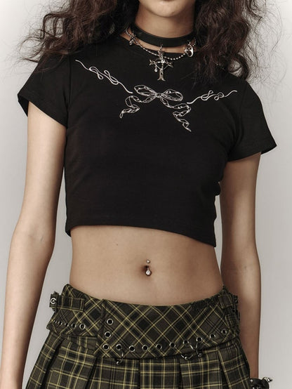 with Cutout Print Black T-Shirt Cropped Trim Bow Punk Lace White Back