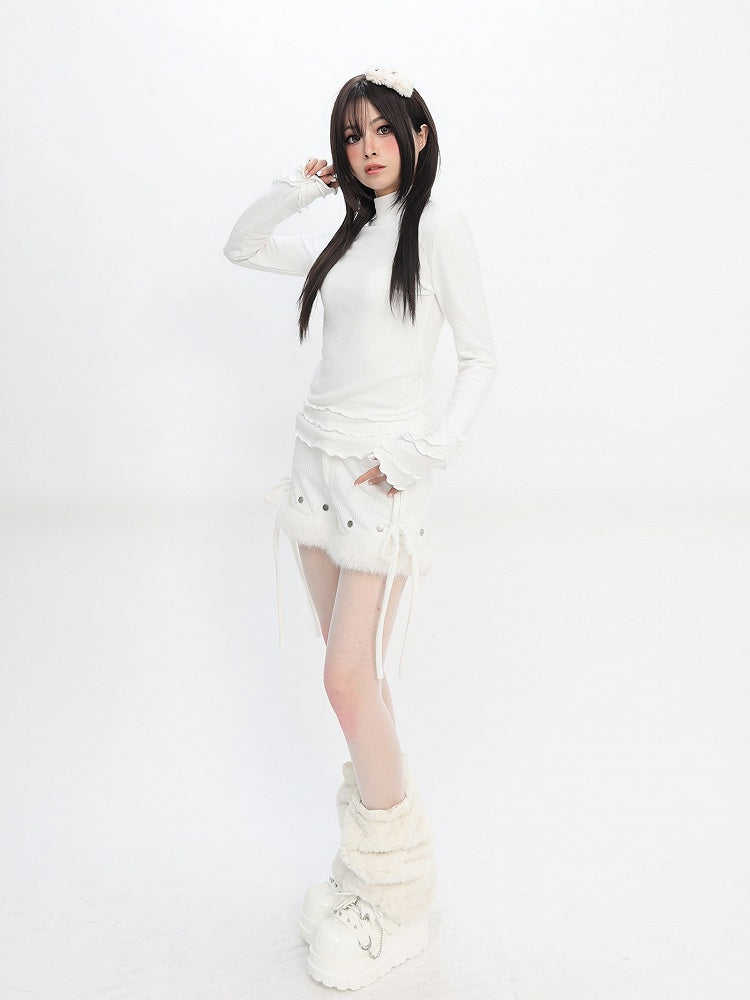 Ruffle Daily White Accents Mock Design Top Neck with Kawaii Sleeve Long