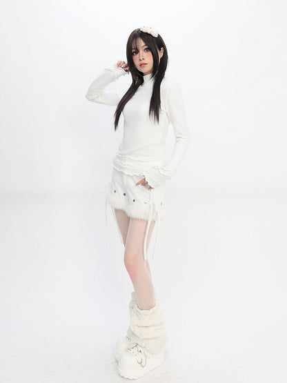 Ruffle Daily White Accents Mock Design Top Neck with Kawaii Sleeve Long