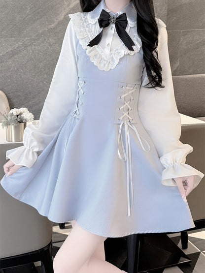 Tenshi Kaiwai – Blaues Jirai Kei-Kleid mit Rüschen, Spitzenbesatz und Schnürdetail an der Taille