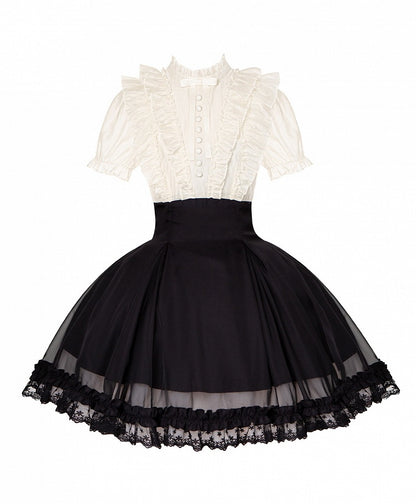 Beige Ruffled Blouse & Black Short Skirt Fake Two Pieces Lolita Dress - With PUJI