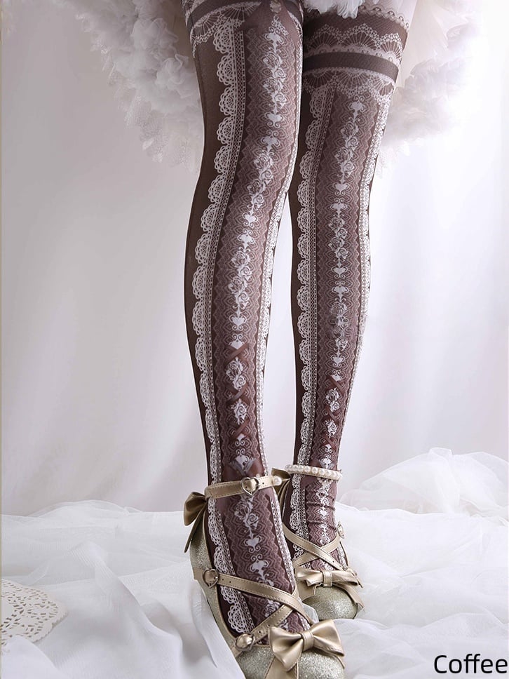 Lace Print Lolita Colors Tights 10 Strappy Bowknot