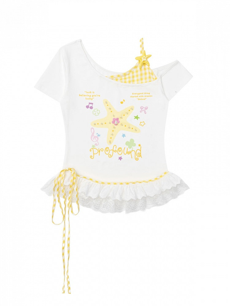 Yellow Starfish Print Off-Shoulder Tee with Lace Hem - CRAZY GIRL