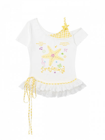Yellow Starfish Print Off-Shoulder Tee with Lace Hem - CRAZY GIRL