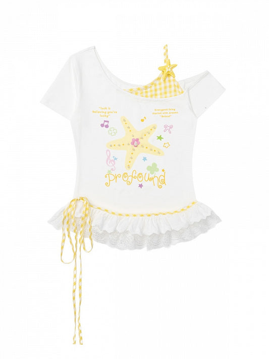 Yellow Starfish Print Off-Shoulder Tee with Lace Hem - CRAZY GIRL