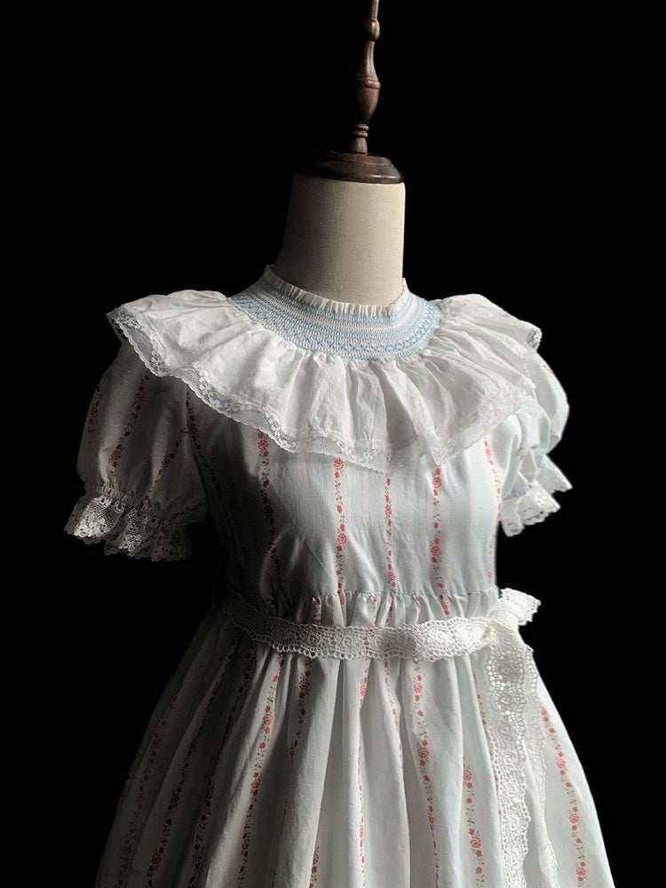 Leichtes Baumwollkleid mit Ärmeln und Taille, süßes Lolita-Kleid mit hohem Puffärmeln in Blau