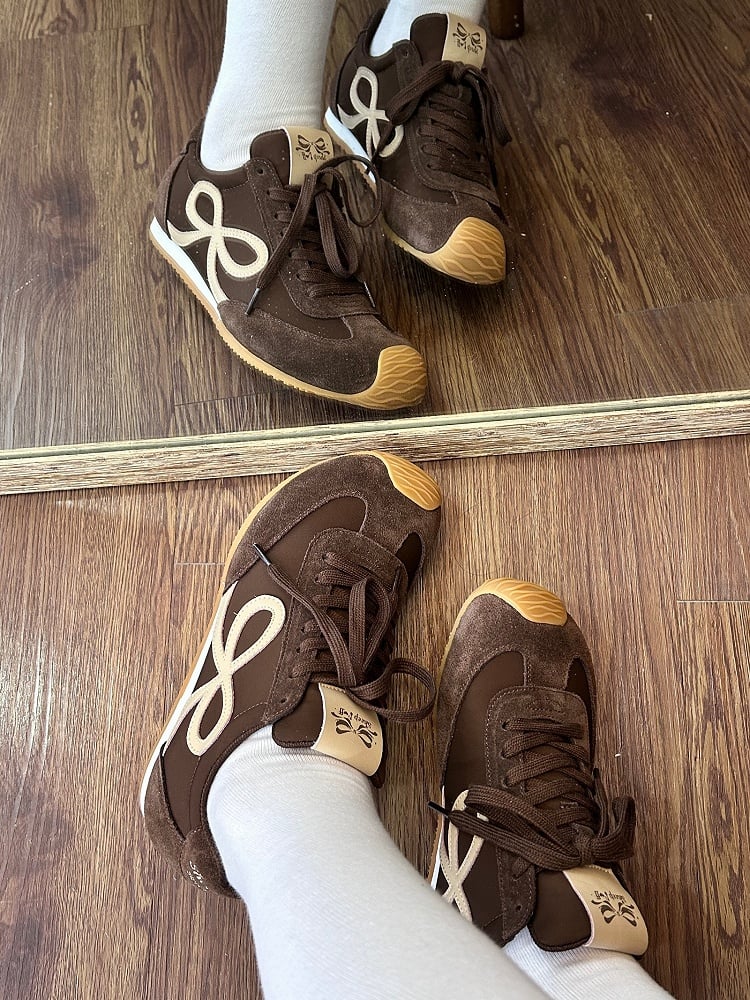 Design Bowknot Ties Front Lace-up Brown Sneakers