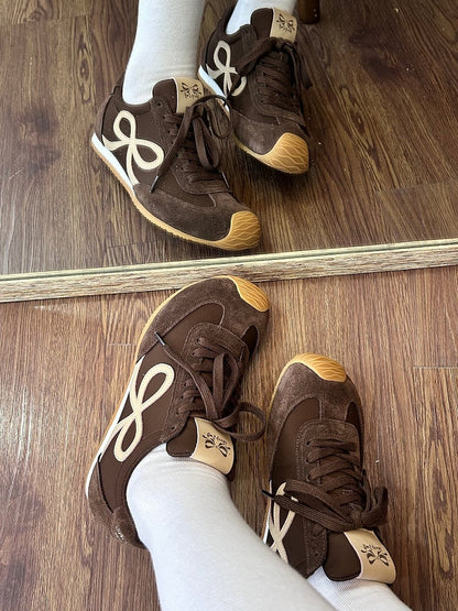Design Bowknot Ties Front Lace-up Brown Sneakers