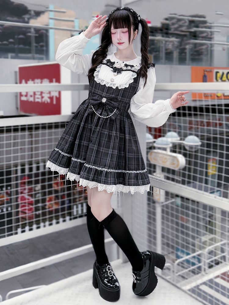 Waist Bow Jirai Dress: Pan Peter Gray Big with Academia Vintage Kei Collar Plaid