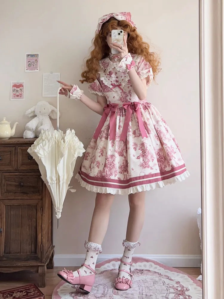 Peter Lolita Pink Dress Sleeves Short Print Grapes Collar Pan