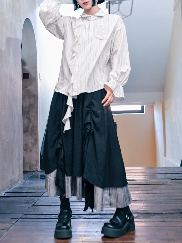 Cascading Hem Cheongsam Black Ruched with Ruffles Skirt Gothic Contrast
