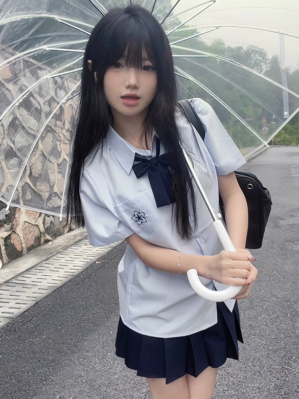 Preppy Sakura Shirt Embroidery Style White/Gray/Blue