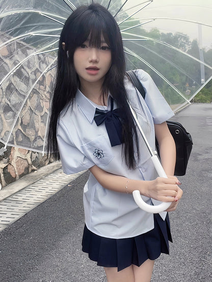 Preppy Sakura Shirt Embroidery Style White/Gray/Blue