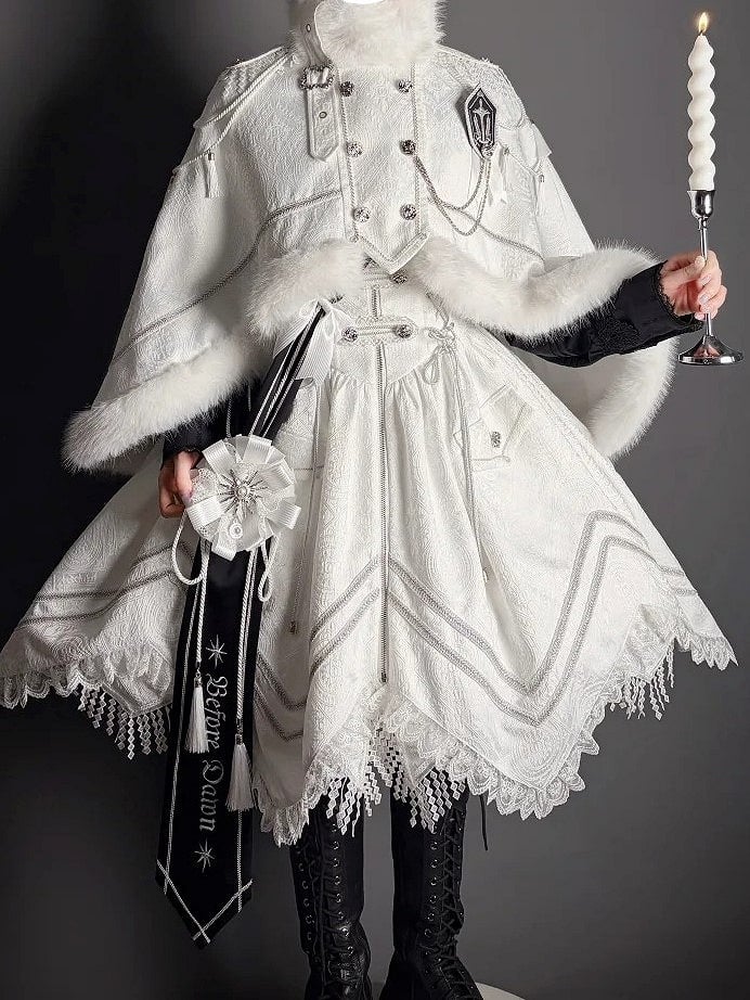 Fur-Trimmed White Decoration and Cape with Buckle Faux Breasted Lolita Military Double Tassel