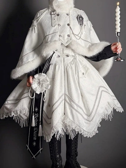 Fur-Trimmed White Decoration and Cape with Buckle Faux Breasted Lolita Military Double Tassel