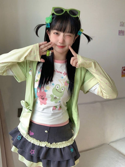 動物柄 ホワイト イエロー 袖 プリント 星 かわいいトップス