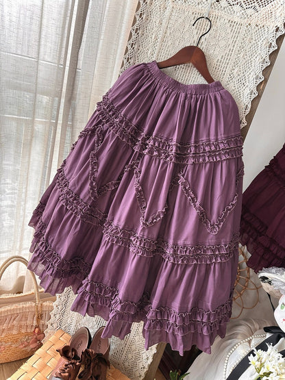 Elastic Waist Purple Light Ruffled Under 82cm Skirt