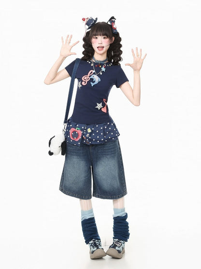 Kawaii Navy Slim Crewneck Tee with Music Note Embroidery and Buttons - Languid Park