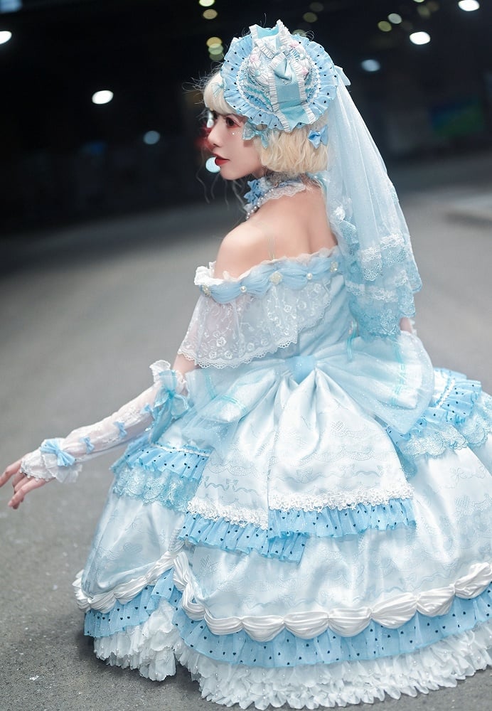 Hime Mini Veil KC Blue Hat Full Off + Cuffs Choker Dress Shoulder Wrist Set Lolita