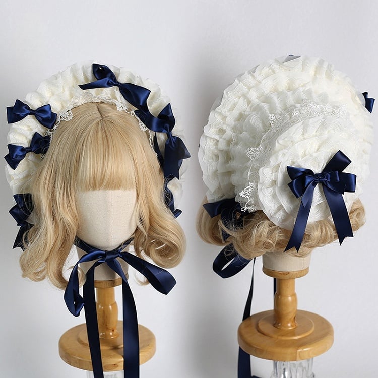 Farben: Abnehmbare Lolita-Haube mit Schleife, Spitzenbesatz und süßem, elegantem Beige 12