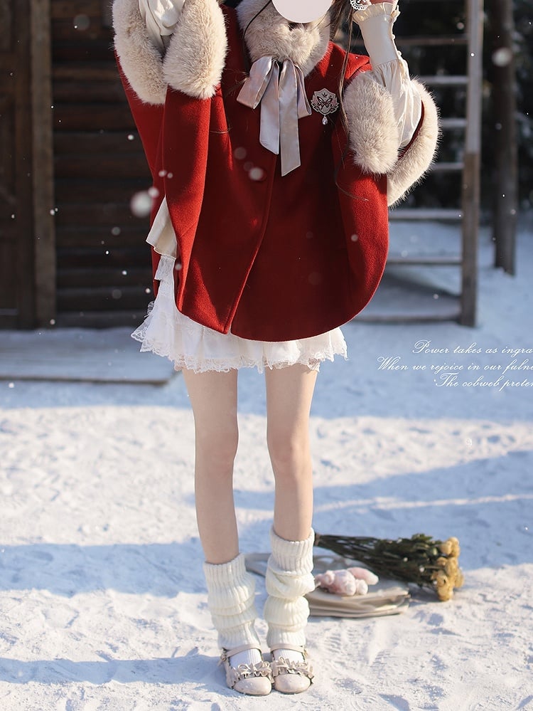 Christmas Red Wool Cape Coat with Shaggy Collar and Cuffs