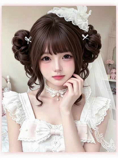 Brown Bob Wig with Bangs and Double Bun Clip - Meow Island Wig