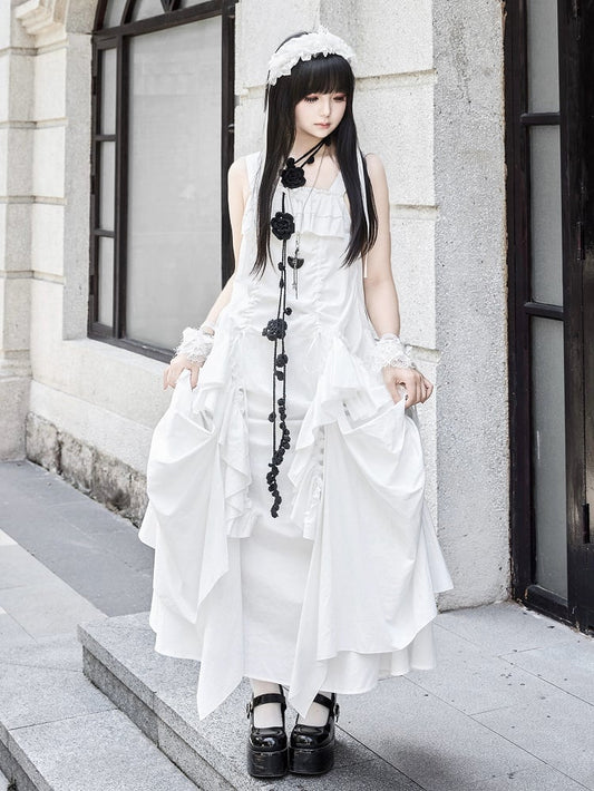 + ドローストリングデザインのネックレス ホワイトゴスフリル ルーズスカーフドレス カスケード