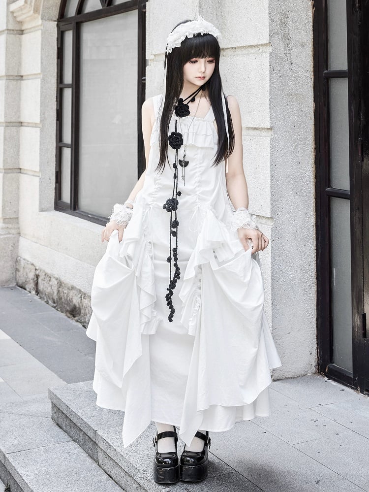 Dress Loose White Goth Ruffles Design Drawstring Cascading